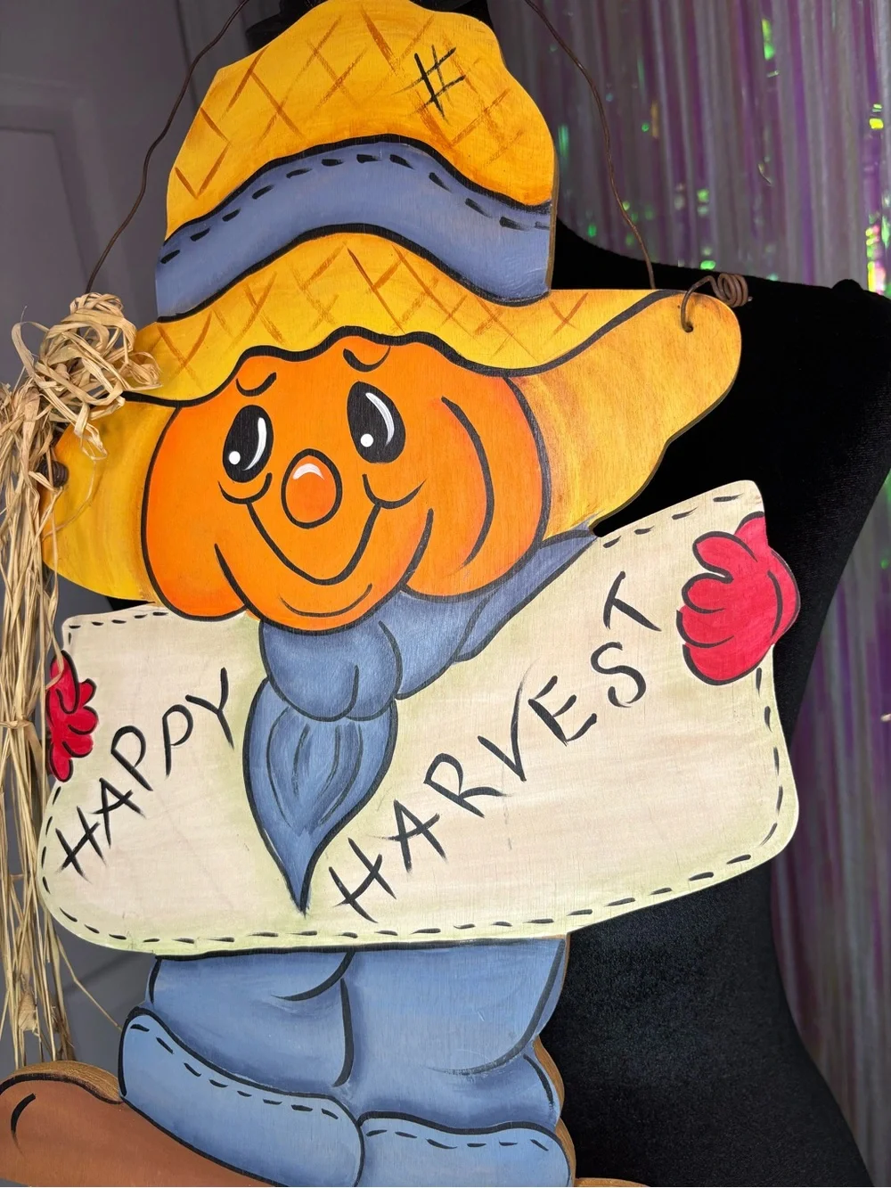 Door Hanger Happy Harvest Pumpkin Scarecrow Wreath Sign W/ Raffia Straw Detail